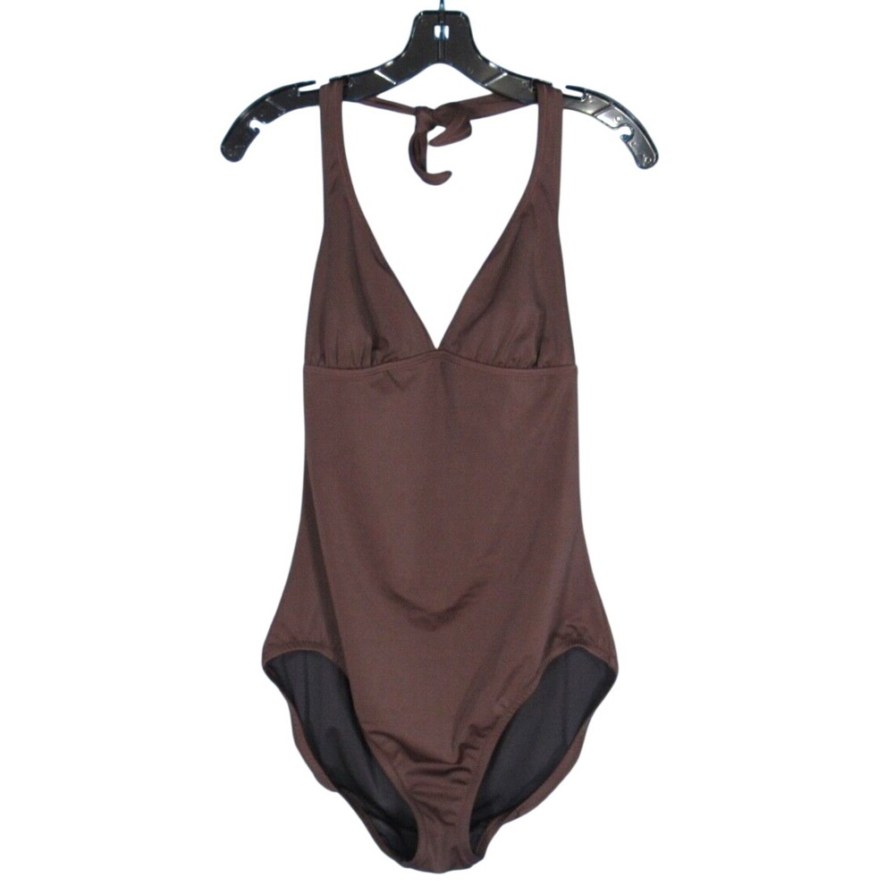 J.CREW Women's SOLID Brown HALTER NECK Deep-V LINED Simple ONE-PIECE SWIMSUIT 14